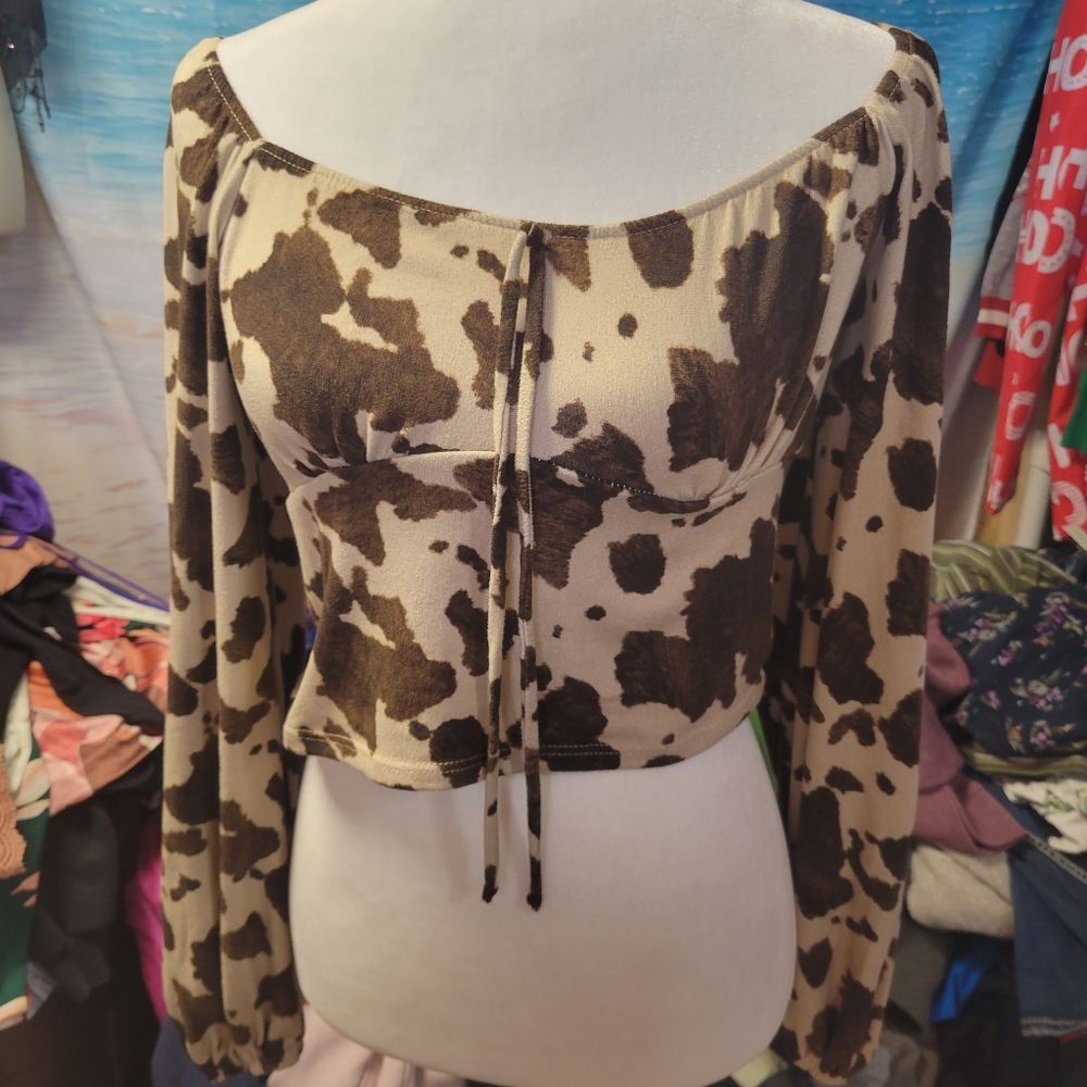 Altar'd State Cow Print Off Shoulder Crop Top Size Medium
